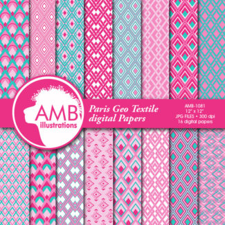 Geometric digital papers, Pink and Turquoise papers, Diamond Geometric Digital Backgrounds, Commercial Use, AMB-1081