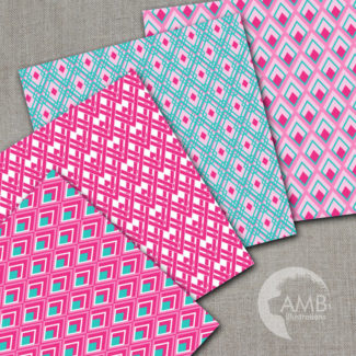 Geometric digital papers, Pink and Turquoise papers, Diamond Geometric Digital Backgrounds, Commercial Use, AMB-1081