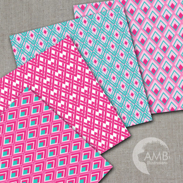 Geometric digital papers, Pink and Turquoise papers, Diamond Geometric Digital Backgrounds, Commercial Use, AMB-1081