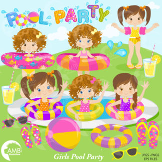 Girl Pool Party Clipart, Swimming clipart, Birthday Party Clipart, Invitations, Card making Clipart, Commercial Use, AMB-901