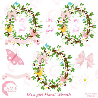 Girl shower clipart, Floral wreath clipart, Floral wreath, It's a girl clipart, commercial use, AMB-1099