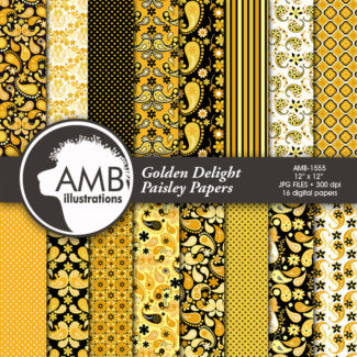 Gold Paisley Digital Papers, Shabby Chic, Vintage Paisley Papers, Gold and Black Floral Pattern, Scrapbooking Papers, AMB-1555