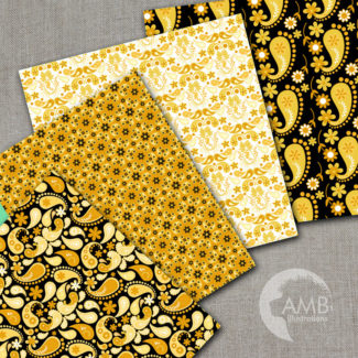 Gold Paisley Digital Papers, Shabby Chic, Vintage Paisley Papers, Gold and Black Floral Pattern, Scrapbooking Papers, AMB-1555