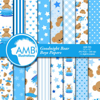 Goodnight Bear Digital Papers, Nursery papers, Slumber Party backgrounds, It's a Boy Scrapbook Papers, Commercial Use, AMB-985