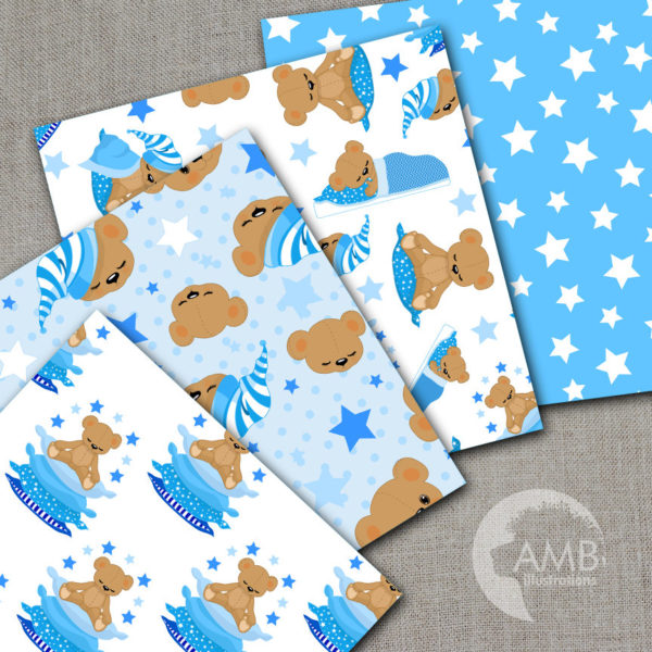 Goodnight Bear Digital Papers, Nursery papers, Slumber Party backgrounds, It's a Boy Scrapbook Papers, Commercial Use, AMB-985