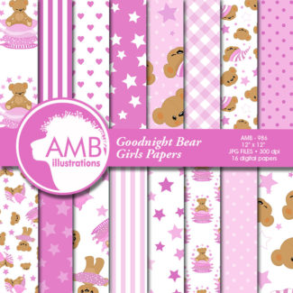 Goodnight Bear Digital Papers, Nursery Papers, Slumber Party Backgrounds, It's a Girl Scrapbook Papers, Commercial Use, AMB-986