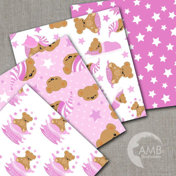 Goodnight Bear Digital Papers, Nursery Papers, Slumber Party Backgrounds, It's a Girl Scrapbook Papers, Commercial Use, AMB-986