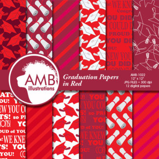 Graduation digital papers, Grad papers, Graduation scrapbook papers in Red, Graduation cap papers, commercial use, AMB-1022