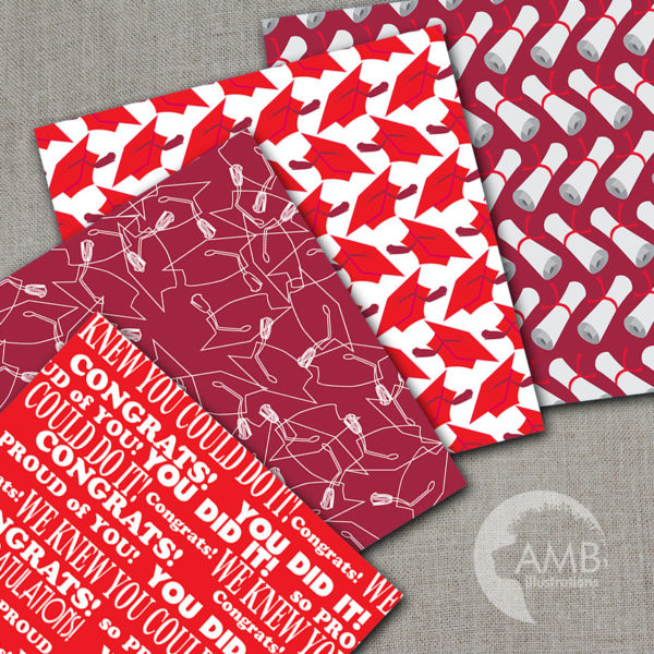 Graduation digital papers, Grad papers, Graduation scrapbook papers in Red, Graduation cap papers, commercial use, AMB-1022