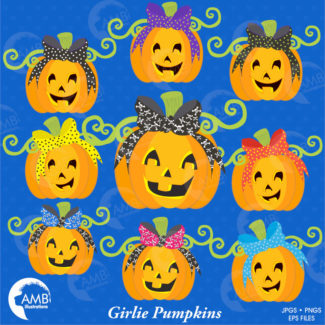 Halloween clipart, Pumpkin Clipart, Pumpkin Faces, Girlie Pumpkin Clipart, Commercial Use, AMB-148