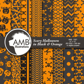 Halloween Pumpkins and Skulls Papers Halloween digital backgrounds in Black and Orange, Halloween scrapbooking, commercial use, AMB-1057