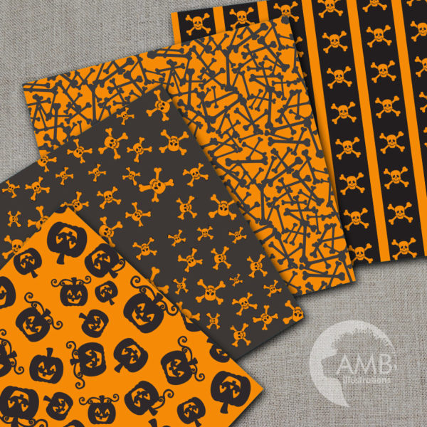 Halloween Pumpkins and Skulls Papers Halloween digital backgrounds in Black and Orange, Halloween scrapbooking, commercial use, AMB-1057