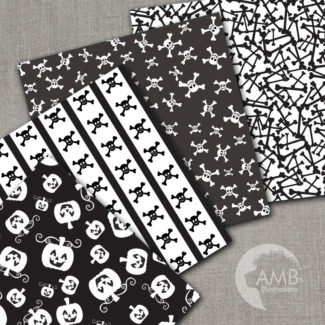 Black and White Skulls Halloween Patterns Halloween digital backgrounds in Black and White, Halloween scrapbooking, commercial use, AMB-149