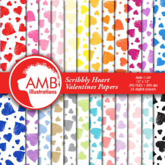 Scribble Heart Valentine Digital Papers AMB-1149