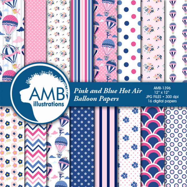 Hot Air Balloon digital papers, Floral clipart, Wedding clipart, Shower clipart, Balloon clipart, digital clip art, AMB-1396