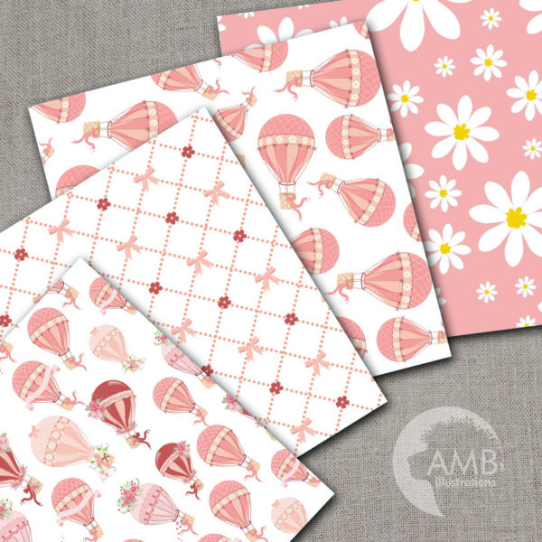Hot Air Balloon digital papers, Wedding papers, Floral papers, Pink Roses Backgrounds, Commercial Use, AMB-1232