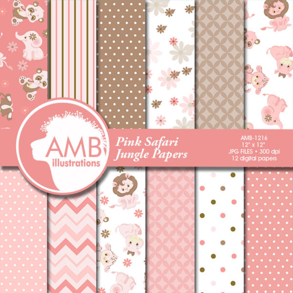 Jungle Animal Digital Papers, Elephant digital papers, Baby Animal Nursery scrapbooking papers, commercial use, AMB-1216