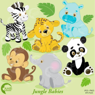 Jungle Animals Clip Art, Jungle Animal Clipart, Jungle Animal Babies Clipart, Zebra, Elephant, Panda, Hippo, Commercial Use, AMB-131