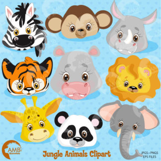 Jungle Animals Clipart, Animal Clipart, Jungle Animal Faces, Lion, Tiger, Rhino, Zebra, Hippo, Giraffe, Monkey, Commercial, AMB-273