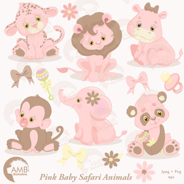 Jungle Animals Clipart, Jungle Animal Babies, Pink Baby Animals, Baby Shower clipart, commercial use, AMB-1209