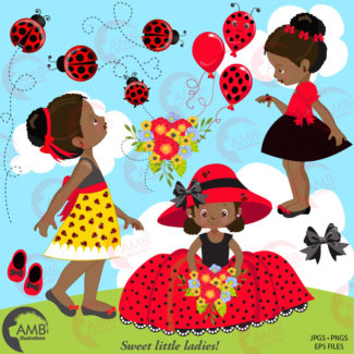 Ladybug clipart, Little Ladybug African American girls clipart, red ladybug dresses, dark skin girls dancing, commercial use, AMB-1598