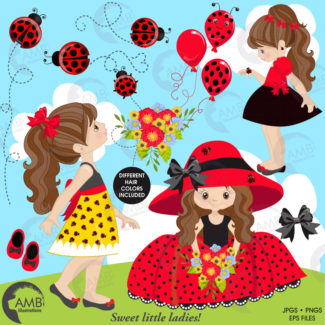 Ladybug clipart, Little Ladybug girls clipart, red summer ladybug dresses, girls dancing, commercial use, AMB-1056