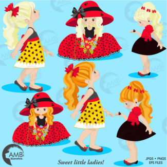 Ladybug clipart, Little Ladybug girls clipart, red summer ladybug dresses, girls dancing, commercial use, AMB-1056