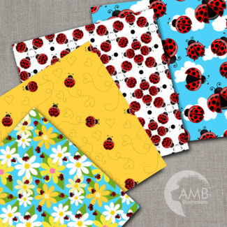 Ladybug digital papers, Red ladybug papers, Insects, pretty little ladybug scrapbook papers, commercial use, AMB-1059