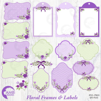 Lavender Frames and Tags Clipart, Wedding Frames Clipart, Shabby Chic, Purple Frames and Labels, Commercial Use, AMB-965