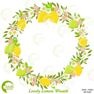 Lemonade clipart, Lemon and leaves clipart, Floral wreath, Floral clipart, Shabby Chic Wedding, commercial use, AMB-1329