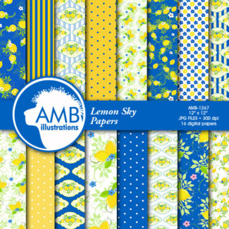 Lemonade Digital Papers, Lemonade stand paper, Picnic Papers, Scrapbook Papers lemon yellow and blue, Commercial Use, AMB-1267