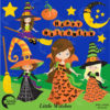 Little Witches Clipart, Halloween Clipart, Witches on Brooms, Halloween Pumpkins, Harvest Moon, commercial use, AMB-214