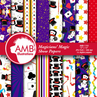 Magician Digital Paper, Magic Party Papers, Magic Show Birthday Party scrapbook papers, digital backgrounds, commercial use, AMB-1193