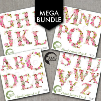 MEGA Bundle Floral Alphabet Clipart, Alphabet clipart Letters A to Z, Wedding Floral clipart, commercial use,  Amb-1641