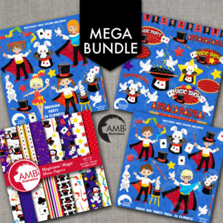 MEGA Bundle Magician Clipart and Digital Paper, Boy and Girl Magician, Magic Show Elements, Birthday Party,Digital Download, AMB-1640
