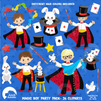 MEGA Bundle Magician Clipart and Digital Paper, Boy and Girl Magician, Magic Show Elements, Birthday Party,Digital Download, AMB-1640