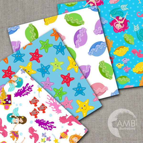 Mermaid Digital Papers, Seahorse paper, Nautical Papers, Ocean papers, Starfish, Crab, commercial use, digital clip art, AMB-1191