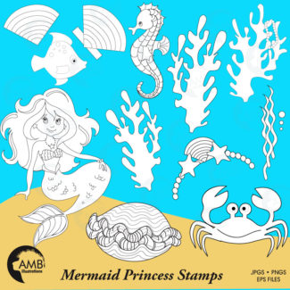 Mermaid digital stamp, under the sea digital stamp, coloring page, black and white line, Ocean Creatures Digital Outlines, AMB-1106