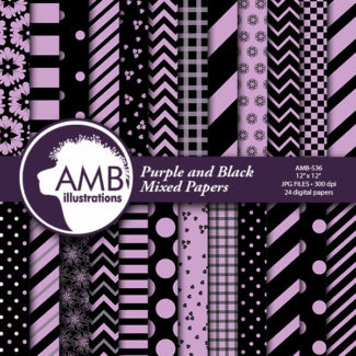 Mixed Patterned digital papers in purple and black, polkadot papers,  scrapbooking, striped papers, commercial use, AMB-536