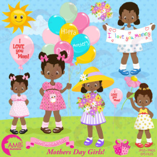 Mothers day Clipart, African American girls, Mothers Day kids, Mom clipart, dark sking kids holding flowers clipart, fashion kids,  AMB-1802