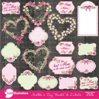 Mother's Day clipart, Mother's clipart, Floral clipart, Label clipart, Heart wreath clipart, floral wreath, commercial use, AMB-866