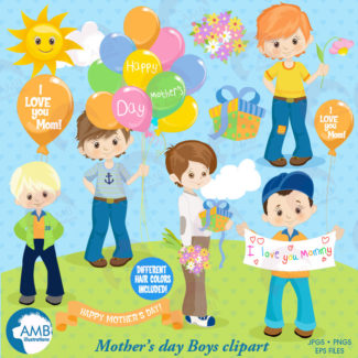 Mothers day Clipart, Mothers Day kids, Mom clipart, boys holding flowers clipart, fashion kids, digital clip art, AMB-1283