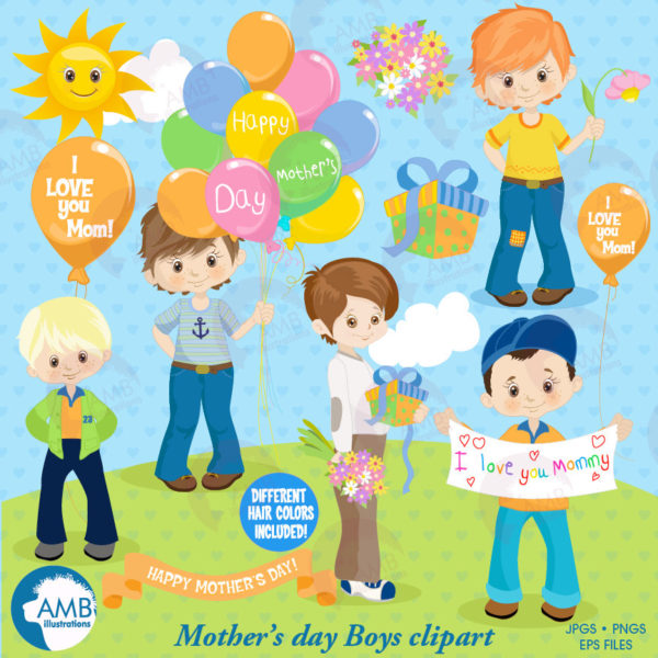 Mothers day Clipart, Mothers Day kids, Mom clipart, boys holding flowers clipart, fashion kids, digital clip art, AMB-1283