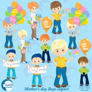 Mothers day Clipart, Mothers Day kids, Mom clipart, boys holding flowers clipart, fashion kids, digital clip art, AMB-1283