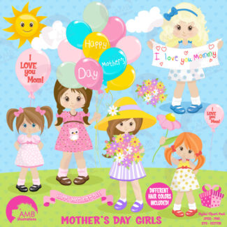 Mothers day Clipart, Mothers Day kids, Mom clipart, kids holding flowers clipart, fashion kids, digital clip art, AMB-1277