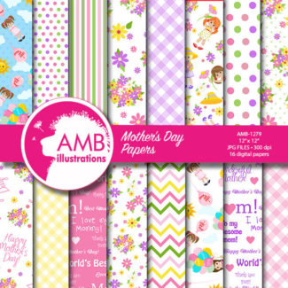 Mother's Day digital paper, Mother's Day floral digital papers, Mother Quotes, florals ,ginghams, stripes, commercial use, AMB-1279