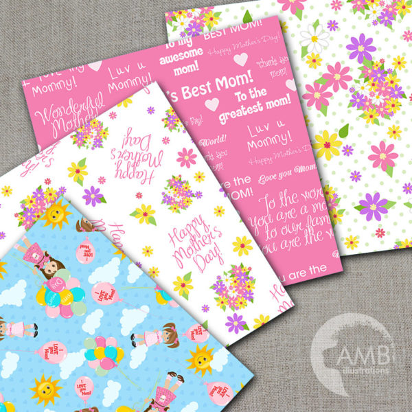 Mother's Day digital paper, Mother's Day floral digital papers, Mother Quotes, florals ,ginghams, stripes, commercial use, AMB-1279