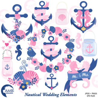 Nautical clipart, Coastal clipart, Wedding clip art, beach wedding clipart, pink and blue, floral clipart, seahorse, AMB-1393