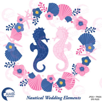 Nautical clipart, Coastal clipart, Wedding clip art, beach wedding clipart, pink and blue, floral clipart, seahorse, AMB-1393