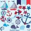 Nautical clipart, Nautical clip art in Red and Blue, Sailboat Clipart, Anchors and Whales clipart, Commercial use, AMB-522